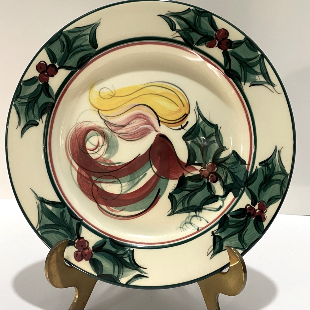 Hand Painted Christmas Plate 10" Abstract Angel w/ Holly Signed Melinda Holiday